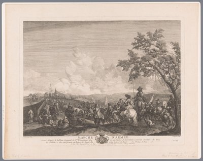Soldater og kapteiner i en hærleir Marche d'Armée (tittel på objekt) Trykk etter malerier av Philips Wouwerman (serietittel) Oeuvres de Ph.pe Wouwermans Hollandois (serietittel) av Jean Moyreau