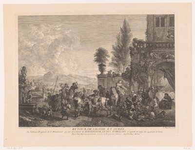 Tilbakevendende jaktlag Returner chasse et curée (tittel på objekt) Trykk etter malerier av Philips Wouwerman (serietittel) Oeuvres de Ph.pe Wouwermans Hollandois (serietittel) av Jean Moyreau