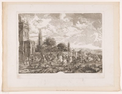 Avreist jaktlag for et hus Partie de Chasse pour le Vol Trykk etter malerier av Philips Wouwerman (serietittel) Oeuvres de Ph.pe Wouwermans Hollandois (serietittel) av Jean Moyreau