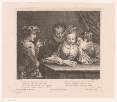 Ung kvinne synger og tre unge menn ved et bord Oeuvre av Antoine Watteau (serietittel) L