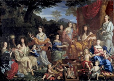 Kong Ludvig XIV og hans familie forkledd i mytologiske figurer Kongen, til høyre, sitter på en trone, er kledd i Apollo. Nederst til høyre er dronning Mary Therese av Østerrike kledd i Juno. I midten av maleriet, Dronningmor Anne av Au av Jean Nocret