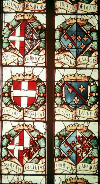 Heraldiske våpenskjold assosiert med Philibert av Savoy, ektemann til giveren, Margaret av Østerrike av Jean Orquois Jean Brachon Antoine Noisin