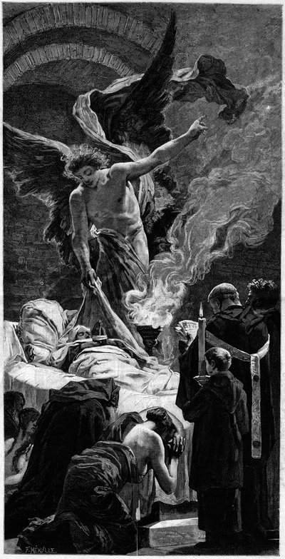 Forvandlingen av Saint Genevieve. Gravering etter fresken av Jean Paul Laurens (1838-1921) ved Pantheon i Paris. I "" The Illustrous World"" nr. 1312 av 20. mai av Jean Paul (after) Laurens