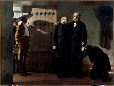Keiser Maximilian I (1832-1867) av Mexico før han ble henrettet 19. juni 1867 Kongen trøstet en prest før han forlot fengselet. Maleri av Jean Paul Laurens (1838-1921) 1882 Saint Petersburg. Eremitasjens museum. av Jean Paul Laurens