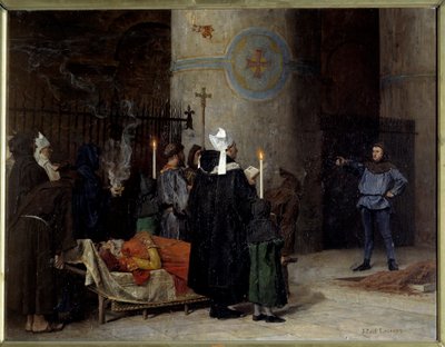 Begravelse til Vilhelm Erobreren (1027-1087), konge av England fra 1066 til 1087 (1087), i Abbey aux Hommes (Abbey-au-Hommes) i Caen. En mann ved navn Asselin avbryter seremonien. Maleri av Jean Paul Laurens (1838-1921) av Jean Paul Laurens