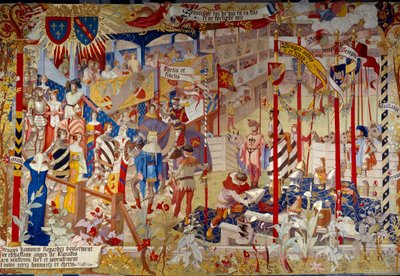 Turneringsscene på slutten av 1300-tallet. Tapestry des Gobelins for å dekorere den offentlige salen til Archives Nationales i Paris med en papp malt av kunstneren Jean-Paul Laurens (1838-1921). av Jean Paul Laurens