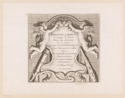 Titteltrykk med to putti og attributtene til Hercules Labours of Hercules (serietittel) Herculis Labores (serietittel på objekt) av Jean Pesne
