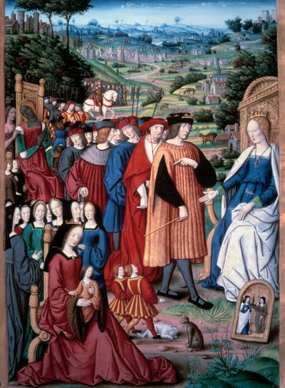 Allegori: fornuft og menneske. Kongen av Frankrike Ludvig XII (1462-1515) rykker mot grunnen som designer hans kone dronning Anne av Bretagne (1477-1514). Miniatyr av Jean Pichore i "" Remedes mot en og annen formue. De remediis utriusque fortunae av Jean Pichore