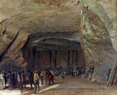 Kjeller som fungerte som saltlager i Dieppedalle rundt 1789 Arbeidere i saltbrudd. Maleri av Jean pierre Houel (1735-1813) 1789 omtrent søn. 0,65x0,97 m Rouen, musee des Beaux Arts - Hule brukt som lager for salt i Dieppedalle ca. 1789. W av Jean Pierre Houel