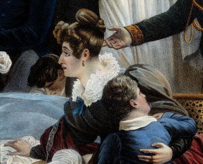 Napoleons død, 5/05/1821 ved Saint Helenedetail som representerer Fanny Bertrand, kone til Henri Gatien Bertrand (1773-1844). Litografi av Jean Pierre Marie Jazet (1788-1871) basert på maleriet av Charles Auguste Steuben (1788-1856) Malmaison. Chateau av Jean Pierre Marie Jazet