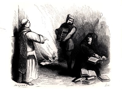 Auto da Fe of Books in Roma bestilt av Index Commission, fra 'Le Secret de Rome au XIXe siecle' av Eugene Briffault, Paris, 1874 av Jean Pierre Moynet