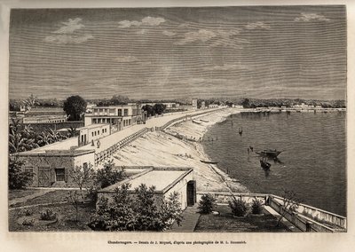 Chandernagor (dagens Chandannagar, i Vest-Bengal), ved bredden av Ganges, gravert etter tegningen av J.Moynet, som illustrerer Rajahs reise i India, i 1864-1868, av Louis Rousselet, publisert i "" Le tour du monde”” 1874, redigert av Jean Pierre Moynet
