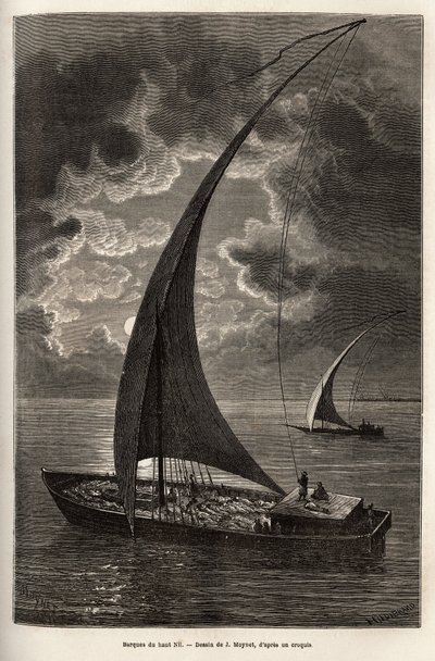 Les barques du haut Nile, redusert mannskap og passasjerer som sover på dekk, i måneskinn, gravering etter J.Moynets tegning, illustrerer reisen til hjertet av Afrika i 1868-1871, av Dr. Georges Schweinfurth, publisert i "" Le tour du monde»» 1874, utg av Jean Pierre Moynet