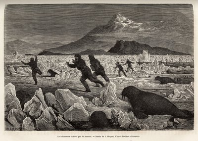 En del av mannskapet på skipet La Germania, på Claveringøyene, steg ned på isen for å jakte, ble selv jaget av hvalross som kom opp av vannet, gravert etter tegningen av J.Moynet, som illustrerer en reise til Nordpolen i 1869-1870 av th av Jean Pierre Moynet