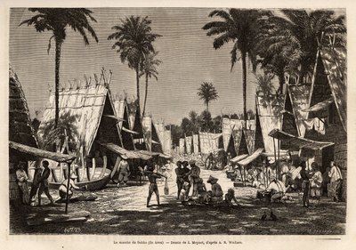 Marsjen til Dobbo, på Arou Island, et havnesenter, animert av mange kjøpmenn og skipsbygging, gravert etter tegningen av J.Moynet, som illustrerer reisen til den malaysiske skjærgården i 1854-1862, av Alfred Russell Wallace (1823-1913) ), en britisk av Jean Pierre Moynet