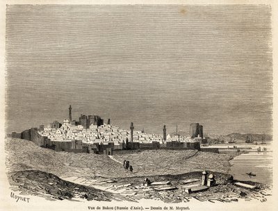 Utsikt over Baku (Russland, Aserbajdsjan), tegning av Mr. Moynet, for å illustrere reisen til kysten av Kaspiahavet, i oktober 1858, av Mr. Moynet. Gravering i "" Le tour du monde, nouveau journal des voyages"" Paris av Jean Pierre Moynet