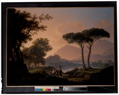 Morgen og kveld: Et klassisk landskap med hyrder og nymfer ved en innsjø, et slott på bakketoppen bortenfor av Jean Pierre Pequignot