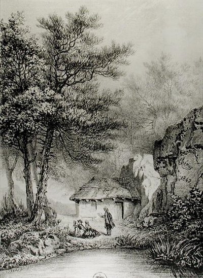 Jean-Jacques Rousseaus (1712-78) hytte i Ermenonville, 1842 av Jean Pierre after Thenot