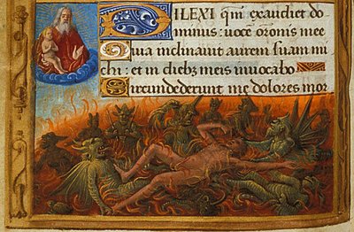 Timebok, detalj: Dykk plaget av demoner og sett av Lasarus sjel, ca. 1500 av Jean Poyet