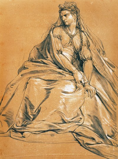 Skuespillerinnen Adrienne Lecouvreur (1692-1730) i tittelrollen som Andromaque, av Jean Racine (1639-1699), tegning, Frankrike av Jean Racine