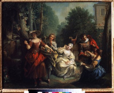 De fem sansene: ""Le gikt"" (Smaken) unge mennesker i aristokratiet smaker frukt. Maleri av Jean Raoux (1677-1734) 1725-1735 Pushkin-museet, Moskva av Jean Raoux
