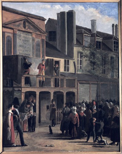 La Parade de Bobèche et Galimafre, maleri av Jean Roller, som representerer en folkemengde som ser på et gateshow. Oljemaleri fra 1800-tallet. av Jean Roller