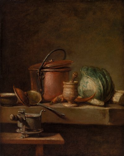 Stilleben med kobbergryte, kål, stamper og komfyr av Jean Baptiste Simeon Chardin