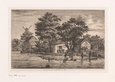 Utsikt over den engelske vesten i Antwerpen hvor trestammer er samlet, bygninger og en mølle i bakgrunnen Den engelske vesten ferdigstilt i 1867 (tittel på objekt) av Jean Théodore Joseph Linnig