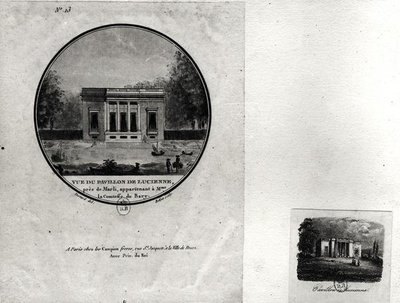 Utsikt over en paviljong i Louveciennes bygget av Claude-Nicolas Ledoux (1736-1806) for Madame du Barry (wc på papir) av Jean Testard