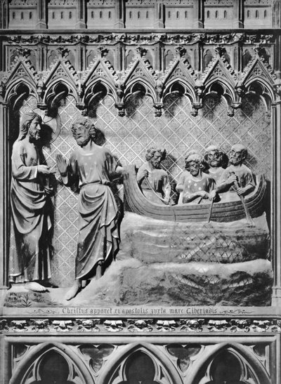 Katedral, interiør, korskjerm, Jesus Kristus dukker opp ved Tiberiassjøen, det mirakuløse fisketrekket, ca. 1340-51 (polykrom stein) av Jean and Jean Le Boutellier Ravy