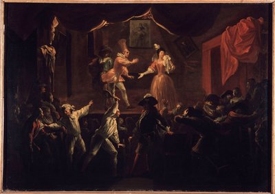 Beklagelig suksess med dette stykket. En av palmespillerne hvis klær hadde vært derobe, gir en stor racket til La Rapiniere. Maleri som illustrerer "The Comic Roman" av Paul Scarron (1610-1660). Olje på lerret av Jean-Baptiste (Jean Baptiste) Coulom (eller av Jean de Coulom