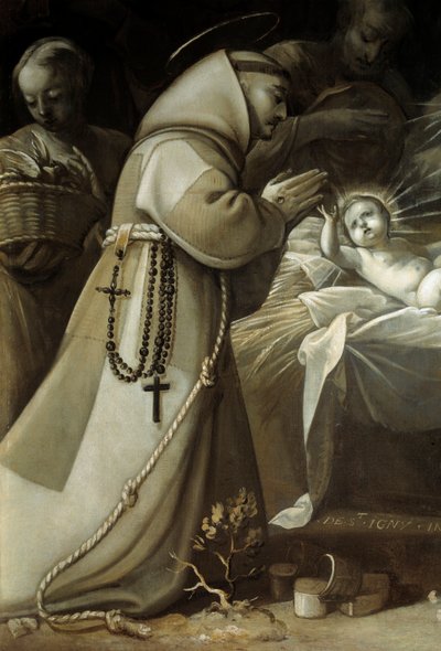 Tilbedelse av hyrdene En munk ber foran Jesusbarnet. Maleri av Jean de Saint Igny av Jean de Saint Igny