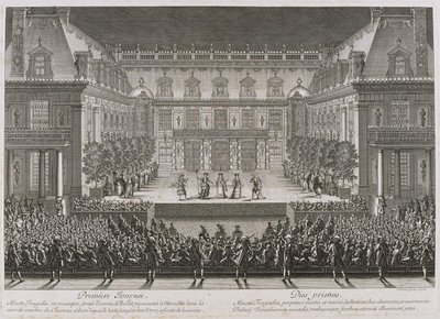 Jean-Baptiste Lullys opera Alceste blir fremført i marmorgårdsplassen ved Palace of Versail av Jean le Pautre