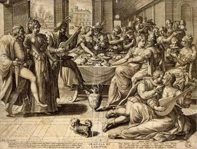 Middag av Jan Sadeler I (1550-1600), gravering av Jean or Johann Sadeler