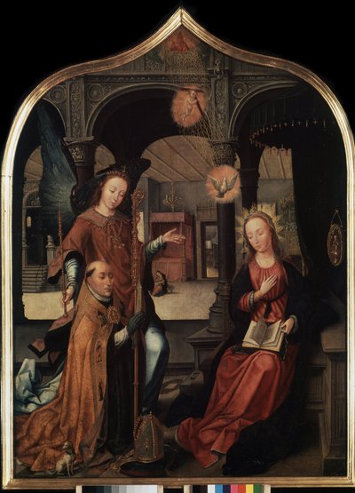 ""representasjon av kunngjøringen med skytshelgen Guillaume av Brussel"" Sentralpanel i kunngjøringens triptyk (Bebudelsen). Maleri på tre av Jean Bellegambe den eldre (1470-1534) St. Petersburg, Eremitagemuseet av Jean the Elder Bellegambe