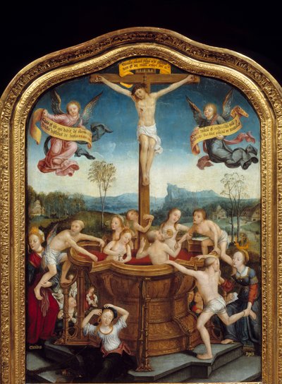 Det mystiske badet. Ved foten av korset som Kristus er korsfestet på, bader menn og kvinner i en kilde av blod fra Messias legeme. Sentral del av triptyken. Maleri på tre av Jean Bellegambe den eldre (1470-1535) 1510-1520 Søn. 0,81x0 av Jean the Elder Bellegambe