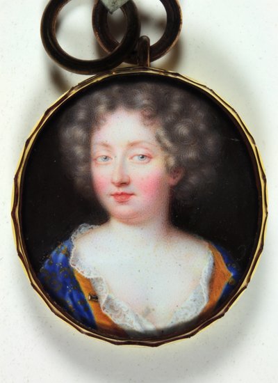 En dame i en oransje fôret blå kjole (emalje) av Jean the Elder Petitot
