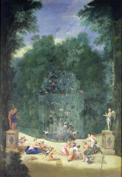 The Groves of Versailles: Utsikt over inngangen til labyrinten med fugler, nymfer og kjeruber, 1688 av Jean the Younger Cotelle