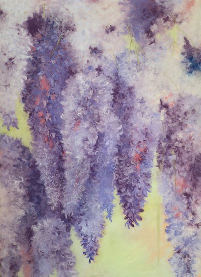 Blåregnblomster, 2023 (pastell på papir) av Jeanne Maze