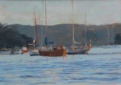 Kveldsyachter Salcombe, olje om bord, 2016 av Jennifer Wright