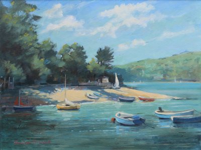 Fishermans Cove Salcombe, olje om bord, 2016 av Jennifer Wright