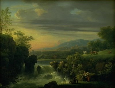 Et fjellaktig landskap med en foss. Soloppgang av Jens Juel