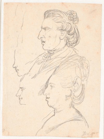 Profilportretter av dronning Caroline Mathilde, J.F. Struensee og Enevold Brandt, samt et utkast, muligens av Juel selv. Alt i profil til venstre av Jens Juel