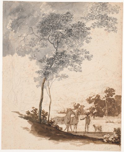 Sveitsisk landskap med en ridegutt som holder to hester og et par hunder; studie for portrettet av Jean-Armand Tronchin av Jens Juel