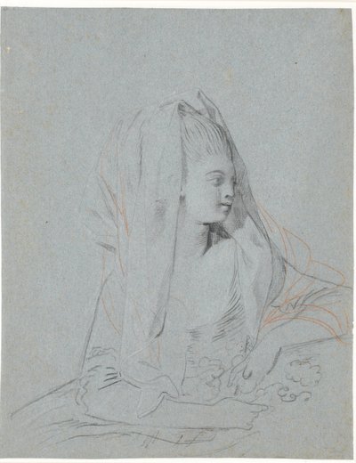 Studie av sittende ung dame med blomster i hendene og slør over hodet. av Jens Juel