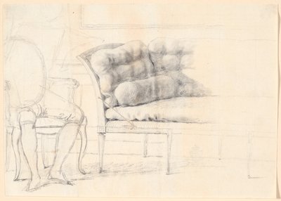 Studie til Holmskiold-familieportrettet fra 1787: den polstrede sofaen, og til venstre en stol med Holmskiolds figur skissert av Jens Juel