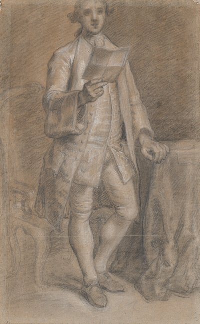 Studer for et portrett av en stående mann med et papir i hånden av Jens Juel