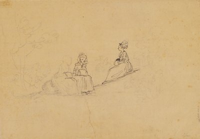 Tre damer med muffe på en skråning i friluft, bak dem antydet en fjerde figur med et barn på armen av Jens Juel