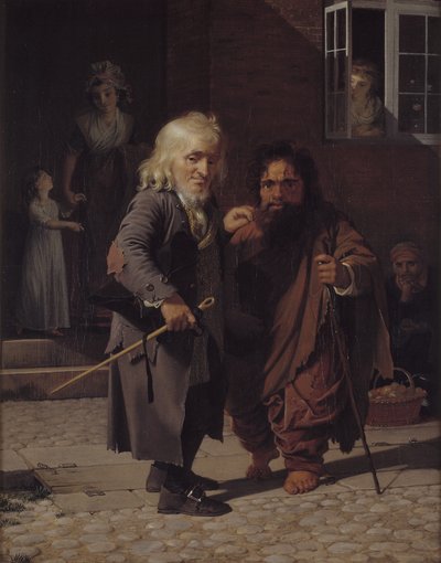 Two Dwarfs: Obligeert, en jødisk leverandør av grisehalebånd, ved siden av den romerske dvergbajoccoen i en av gatene i København av Jens Juel