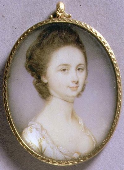 Portrett miniatyr av en dame i en hvit kjole, ca. 1780-85 (akvarell på elfenben) av Jeremiah Meyer